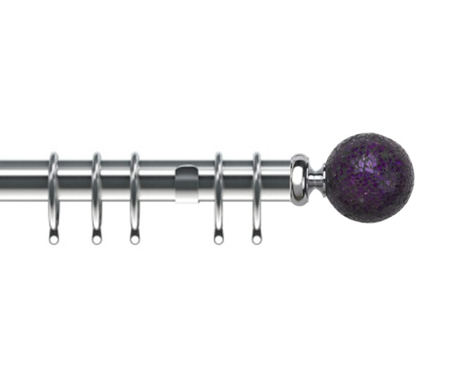 25-28mm Purple Mosaic End Satin Silver Metal Curtain Pole Set 170 - 300cm Silver Silver