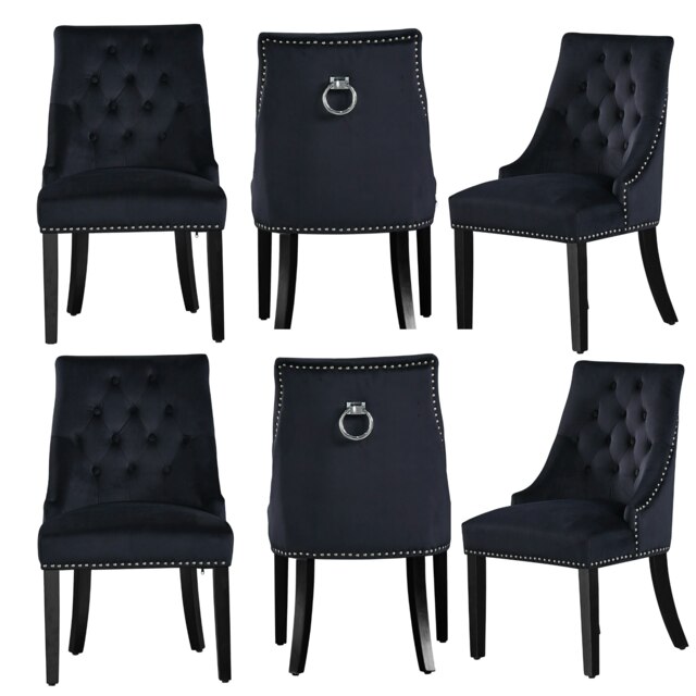 Set of 6 Velvet Dining Chairs Ergonomic Scoop Knockerback & Button Tufted Wood Legs Black