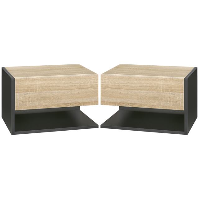 HOMCOM Floating Bedside Table Set of 2, Wall Mounted Bedside Cabinet with Drawer and Open Shelf, Modern Nightstand for Bedroom, 46 x 30 x 30 cm, Oak Tone
