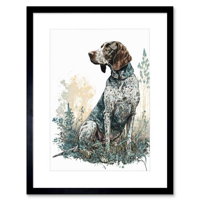"German Pointer Dog Sitting Field Modern Detailed 9x7"" Black Framed Wall Art Print"