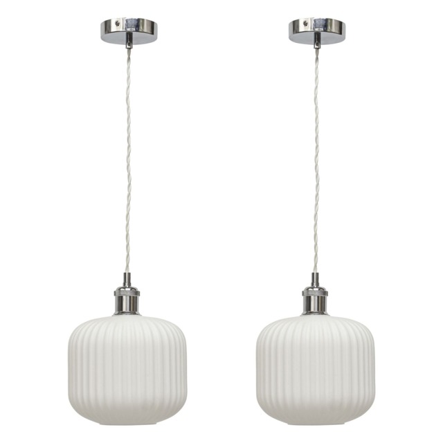 Set of 2 Bento - White Ribbed Glass Chrome Retro Pendant Fittings