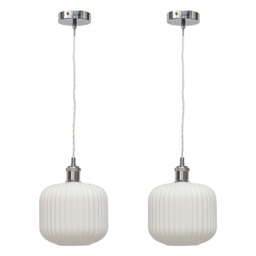 Set of 2 Bento - White Ribbed Glass Chrome Retro Pendant Fittings
