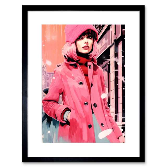 "Downtown Girl Woman Retro Pink City Fashion 9x7"" Black Framed Wall Art Print"
