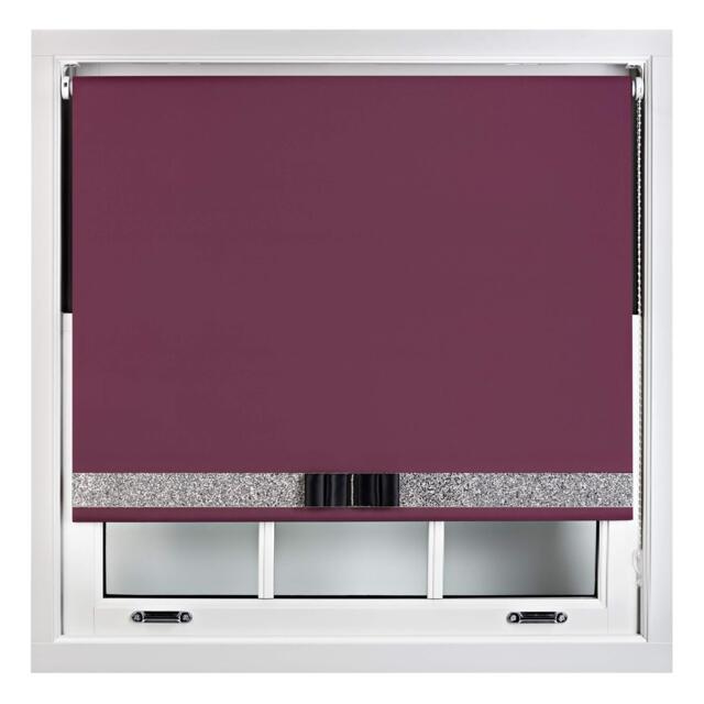 FURNISHED Blackout Roller Blind with Silver Glitter Trim and Black Bow Trimmable Window Shade Purple Aubergine (W) 240cm x (L) 165cm