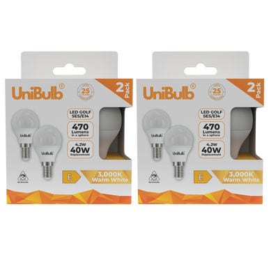 UniBulb LED Golf Ball E14 Small Edison Screw (SES) 470lm 4.2W (Replaces 40W) 3000K (Warm White) Light Bulb - Pack of 4 White Warm White 4