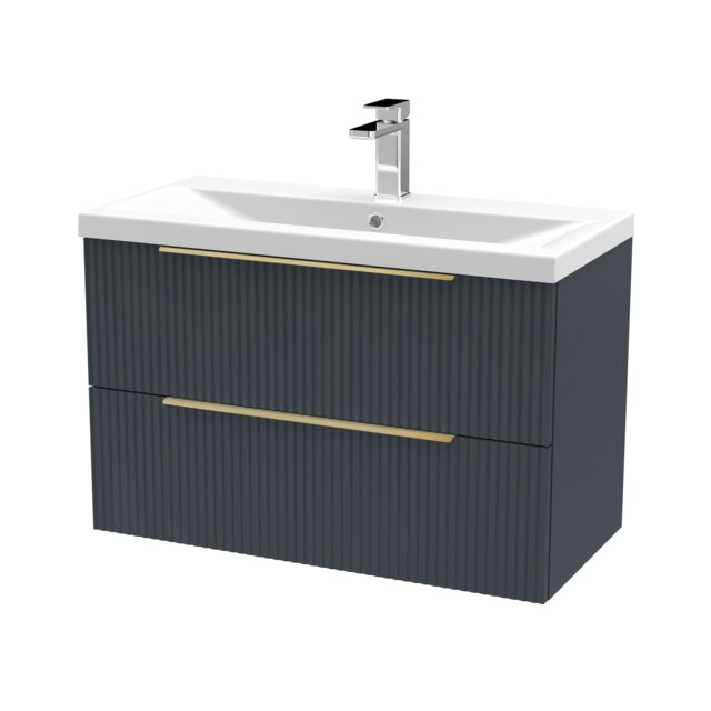 Balterley Fluted Front Wall Hung 2-Drawer Bathroom Vanity Unit with 1 Tap Hole Basin, Handles Grey Soft Black
