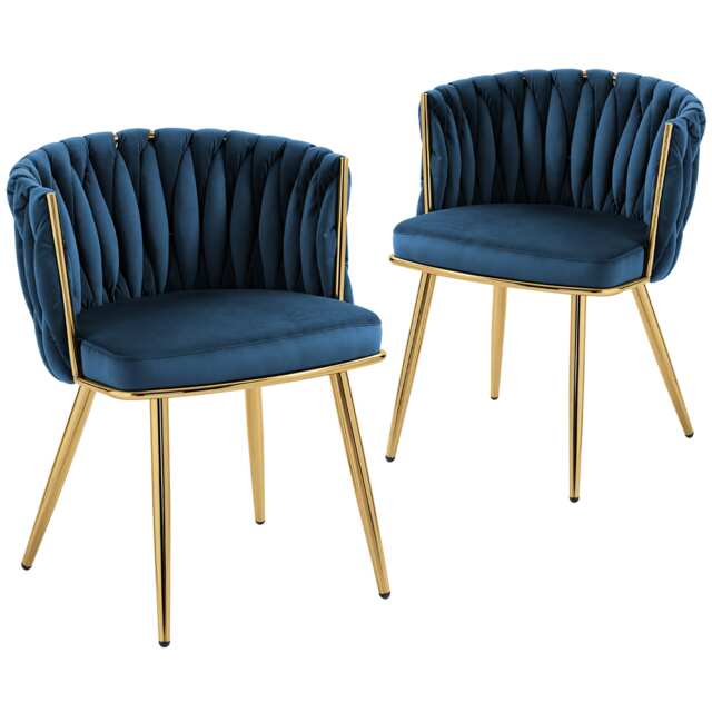 HOMCOM Velvet-Feel Dining Chairs Set of 2, Modern Upholstered Kitchen Chairs with Woven Backrest and Armrests, Metal Legs and Padded Seat for Dining Room, Bedroom, Living Room, Dark Blue Blue