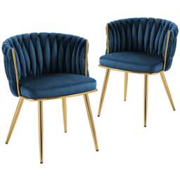 HOMCOM Velvet-Feel Dining Chairs Set of 2, Modern Upholstered Kitchen Chairs with Woven Backrest and Armrests, Metal Legs and Padded Seat for Dining Room, Bedroom, Living Room, Dark Blue Blue