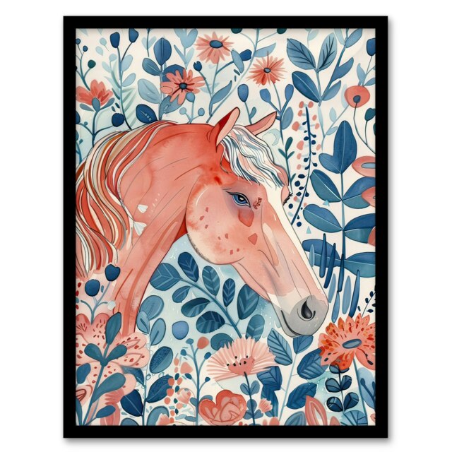 Horse in Flower Field Pink Blue Watercolour Black Framed Wall Art Print A4