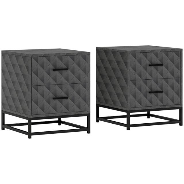 HOMCOM Bedside Table Set of 2, Nightstand with 2 Drawers, Steel Legs, Grey Grey