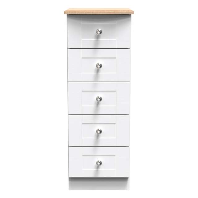Cumbria 5 Drawer Tall Bedside Cabinet in White Ash & Bardolino Oak (Ready Assembled) White White Ash & Bardolino Oak