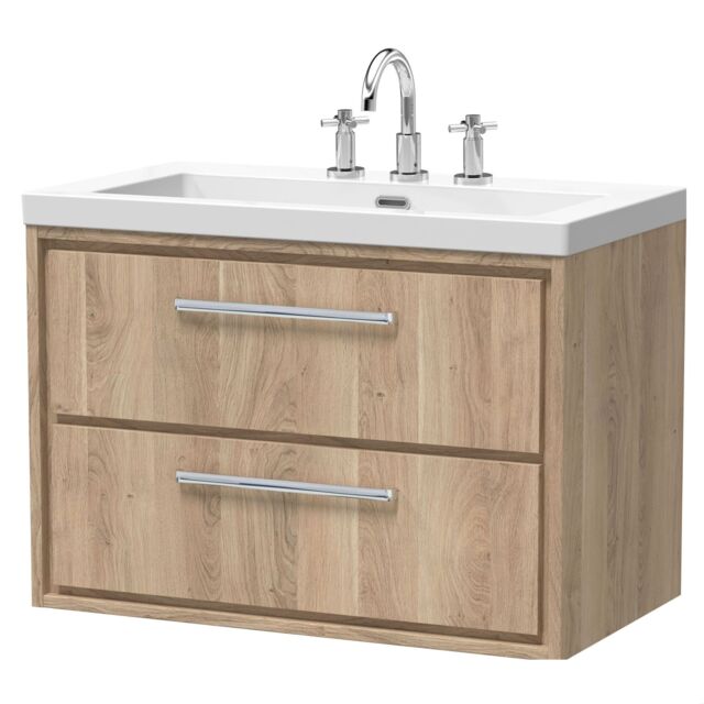 Balterley Longnor 2 Drawer Wall Hung Vanity Unit with 3 Tap Hole Modern Fireclay Basin, Light Oak, 800mm
