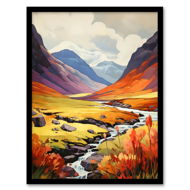 Scotland Glencoe Valley Vibrant Oil Majestic Black Framed Wall Art Print A4