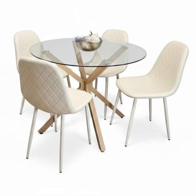 Kosy Koala Round Glass Dining Table Set With 4 Cream Gem Pattern Chairs Dining Room Furniture