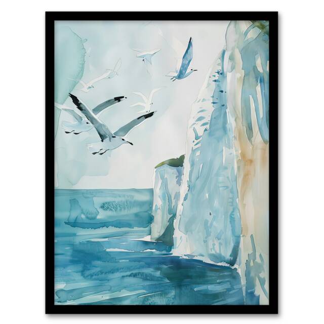 White Cliffs of Dover England Seagulls Coastal Black Framed Wall Art Print A4