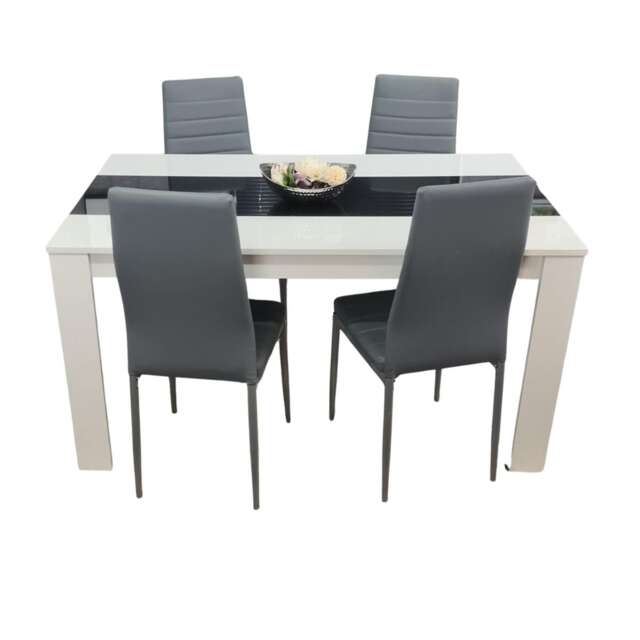 Dining Table and 4 Chairs White Black Wood 4 Faux Leather Grey Chairs Dining Room