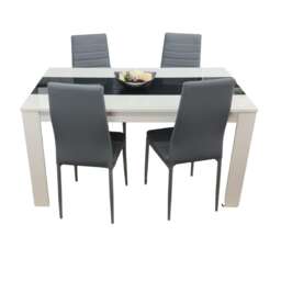 Dining Table and 4 Chairs White Black Wood 4 Faux Leather Grey Chairs Dining Room
