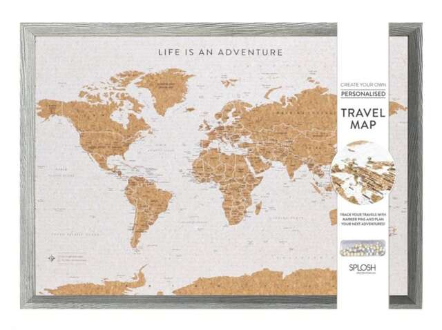 Splosh Travel Map Cork Board World Large Grey Wood Grey Grey Frame, Cork Backing