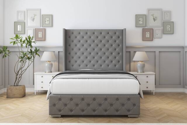 "Sloomy Arundel Pewter Dumfries Bed Frame With Mattress With 50"" Upholstered Wingback Headboard 3' Single"