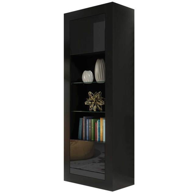 Display Cabinet Bookcase Bookshelf Storage Cabinet Glass Display Unit Black High Gloss 170cm