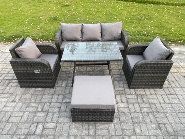 Fimous Rattan Wicker Garden Furniture Patio Conservatory Sofa Set with Rectangular Dining Table Reclining Chair 3 Seater Sofa Big Footstool