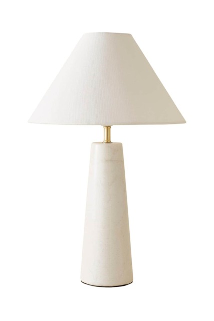 ValueLights Margot White Marble Bedside Table Lamp Linen Taper Shade & Bulb White