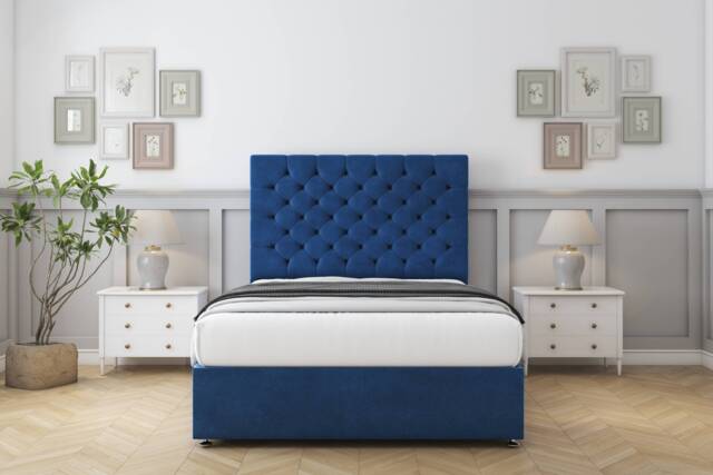 "Sloomy Mayfair Navy Plush Divan Bed With Mattress No Drawers With 54"" Floor Standing Headboard 4'6 Double Blue Navy Double 1"
