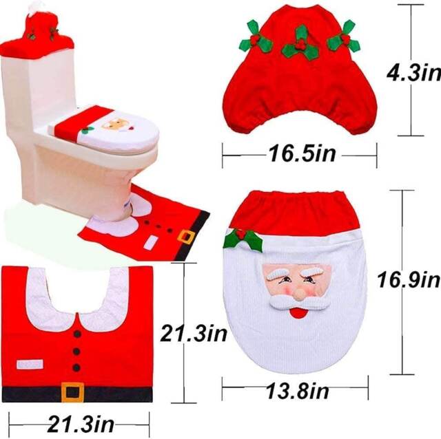 Christmas Toilet Seat Cover and Mat Bathroom Set Xmas Home Decor Party Accessories 3pcs, White Santa