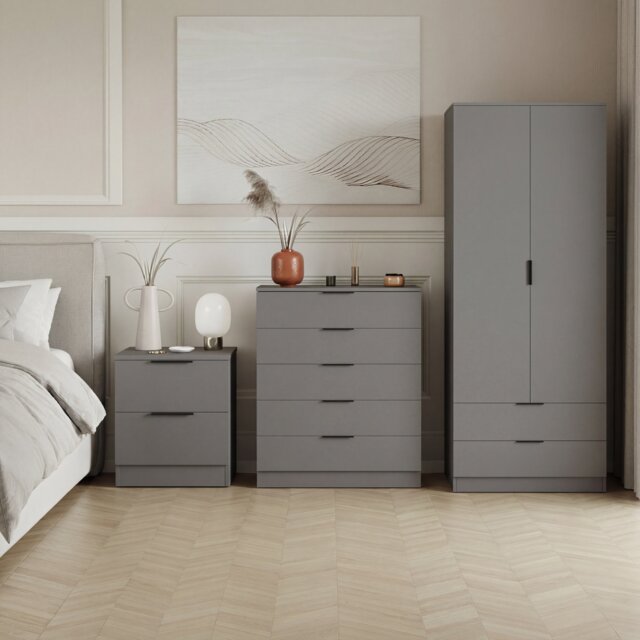 Vida Designs Trega 3 Piece Bedroom Set (2 Drawer Bedside Chest, 5 Drawer Chest, 2 Door 2 Drawer Wardrobe) Grey
