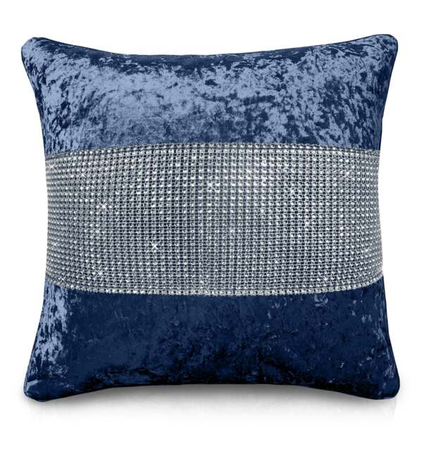Luxury Crushed Velvet Diamonte Detail Cushion - 43cm x 43cm Blue Navy