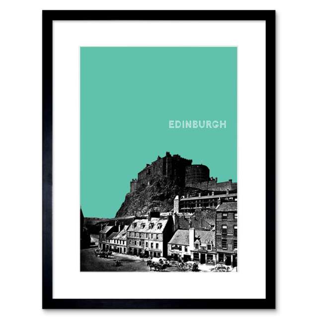 "Grassmarket Edinburgh Castle Scotland Cityscape Teal 9x7"" Black Framed Wall Art Print"