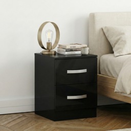 Vida Designs Hulio 2 Drawer Bedside Chest High Gloss Cabinet Table Nightstand, Black