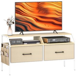 HOMCOM TV Stand Cabinet, TV Unit for 55-inch TVs with 2 Foldable Fabric Drawers, 5 Divided Side Pockets, Open Shelves, Console Table for Living Room, Bedroom, Entertainment Room, Natural Wood Finish Yellow