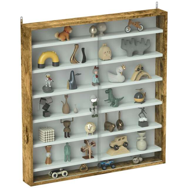 HOMCOM Wall Display Cabinet w/ Shelves Glass Doors Brown