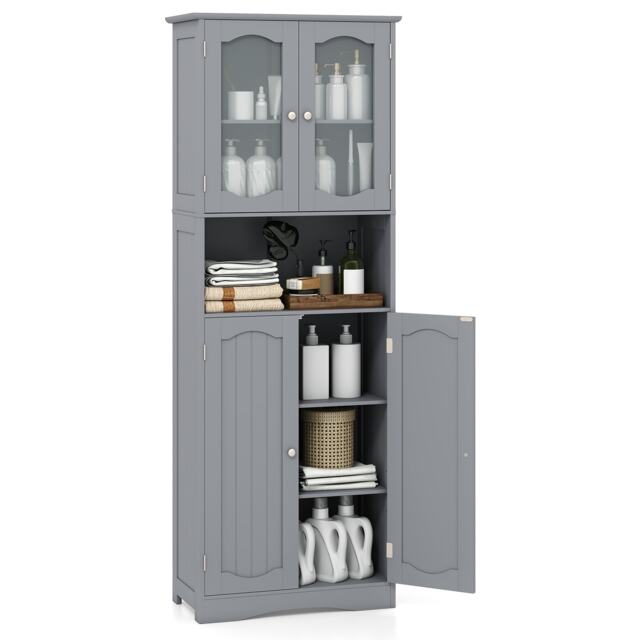 COSTWAY Bathroom Storage Cabinet Glass Door Pantry Cabinet-Grey