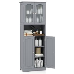 COSTWAY Bathroom Storage Cabinet Glass Door Pantry Cabinet-Grey