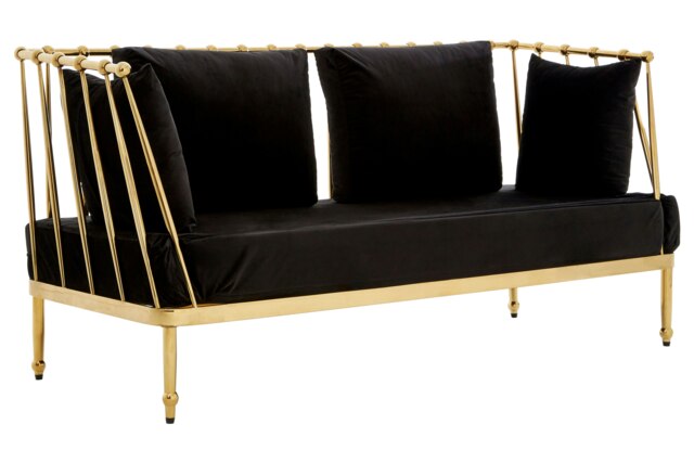 Sturdy 2 Seat Gold Finish Tapered Arms Sofa, Stylish Mid Century Sofa For Bedroom, Sleek 2 Seater Sofa Gold Two Seater