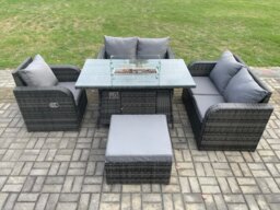 Fimous 6 Seater Rattan Outdoor Garden Furniture Sofa Set Gas Fire Pit Dining Table Gas Heater with Love Sofa Big Footstool Dark Grey Mixed