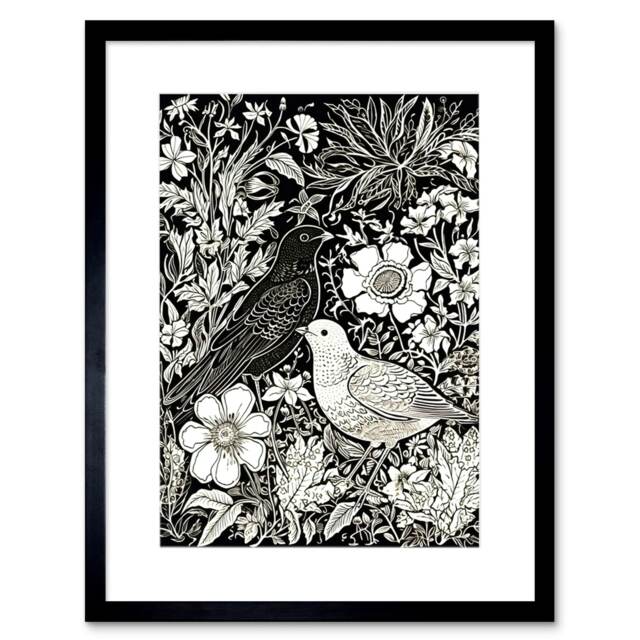 "Birds Flower Bed Garden Black White 9x7"" Black Framed Wall Art Print"