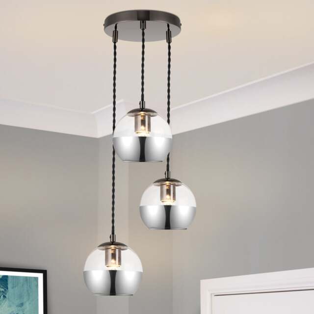 COSYLYTE Marlo 3 Light Modern Smoky Glass Pendant Light - Matt Black Base Silver Chrome 1