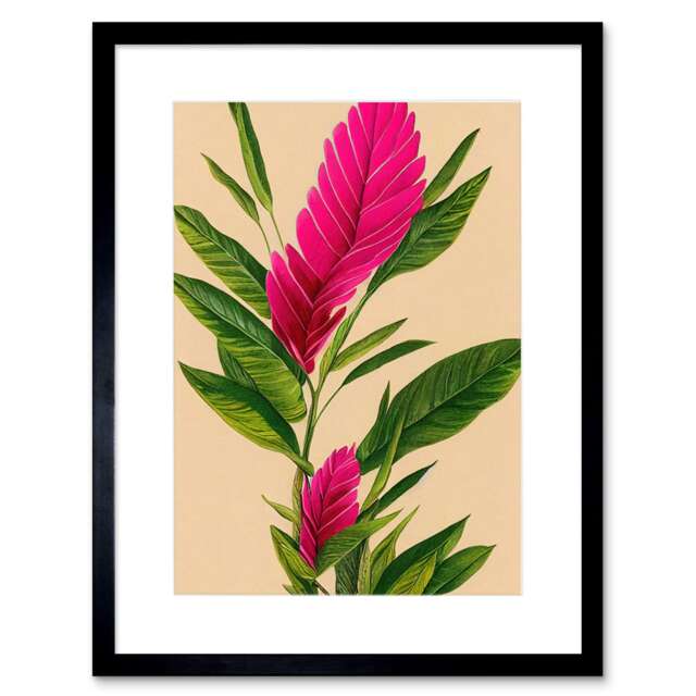 "Tropical Hawaiian Botanical Exotic Pink Floral 9x7"" Black Framed Wall Art Print"
