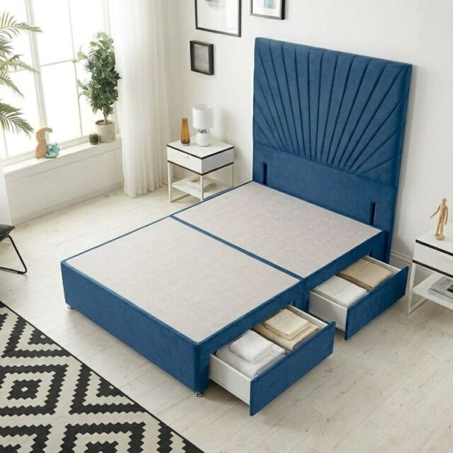 Sunburst Divan Bed with 2 Drawers & 54'' Floor Standing Headboard Plush Velvet Blue Navy