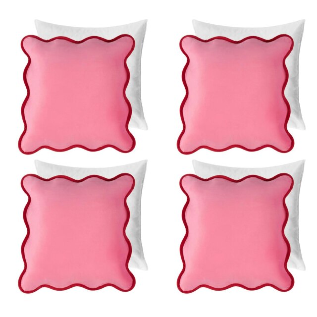 OHS 4 x Matte Velvet Scallop Edge Filled Cushions, 45x45cm - Pink/Red Multi Pink and Red 45 x 45cm 4