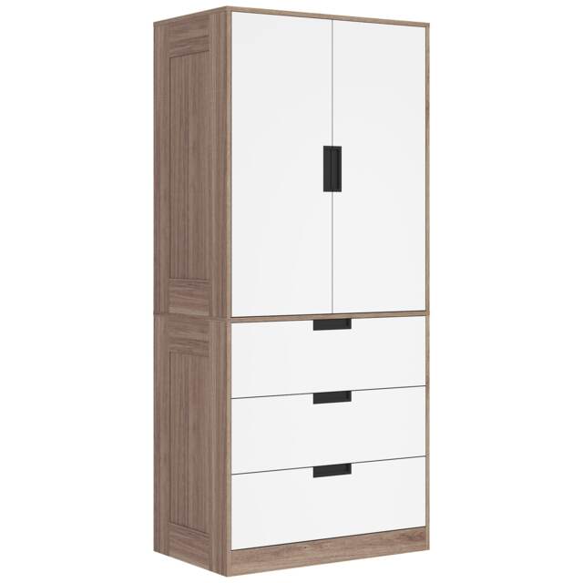 HOMCOM 3 Drawer 2 Door Wardrobe, Modern Clothes Storage Cupboard Unit with Hanging Rod, Bedroom Wardrobe with Soft Closing Hinge, 50D x 80W x 180Hcm, Brown