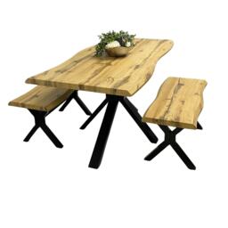 Wooden Dining Table and 2 Benches Set with X-Shaped Iron Legs, Curved Edge for Dining Room