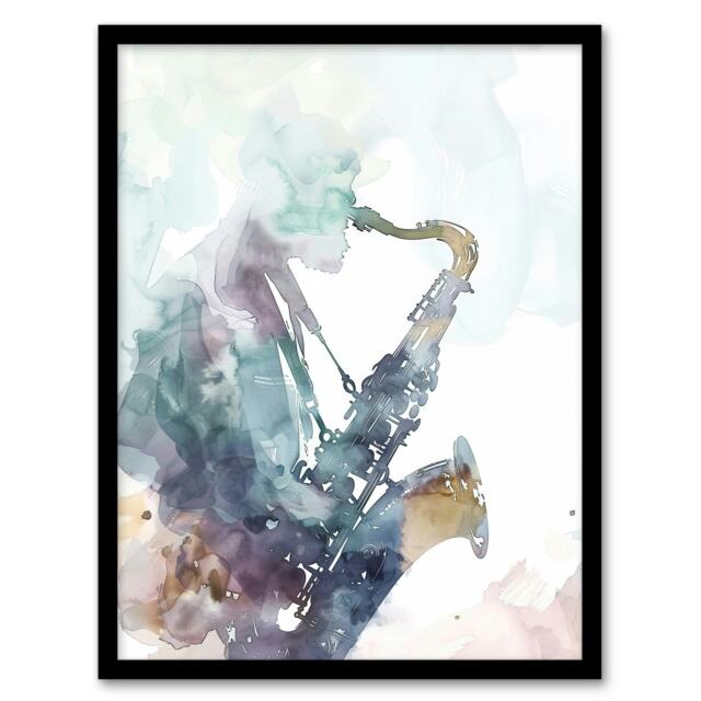 Abstract Saxophone Jazz Musician Watercolour Black Framed Wall Art Print A4