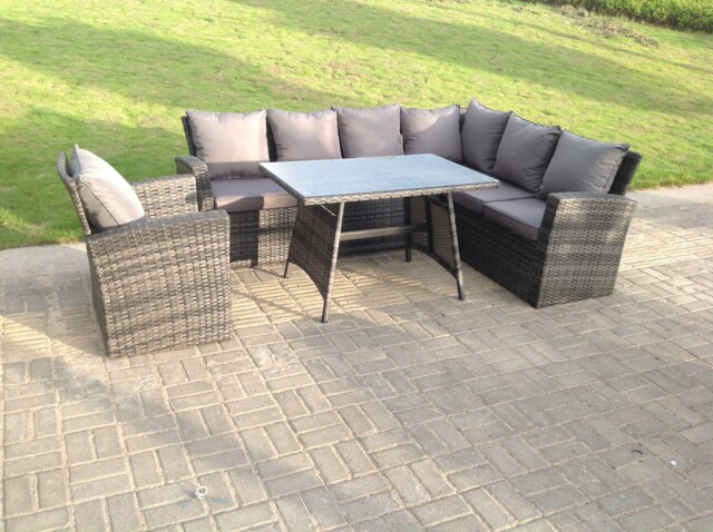 Fimous 7 Seater High Back Rattan Garden Furniture Set Corner Sofa With Oblong Dining Table And Chair Set