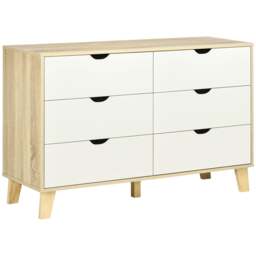 HOMCOM Bedroom Chest of Drawers, Wide 6-Drawer Dresser, Storage Drawer Unit with Wood Legs for Living Room, White and Light Brown