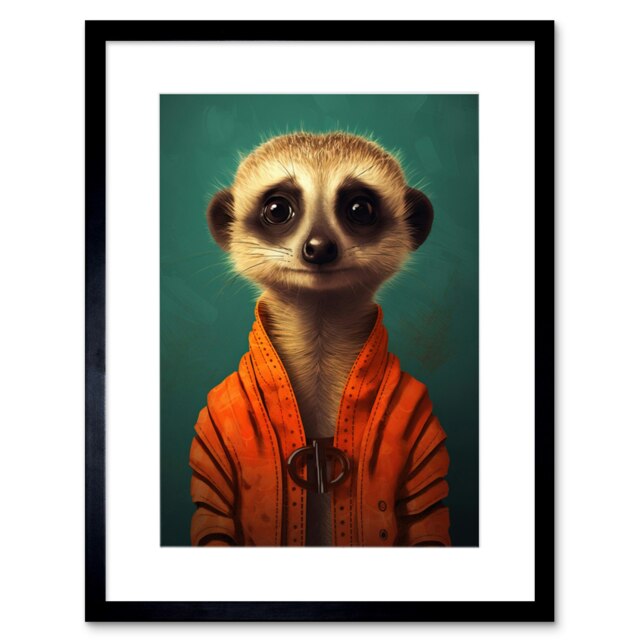 "Meerkat Portrait Orange Cardigan Modern 9x7"" Black Framed Wall Art Print"