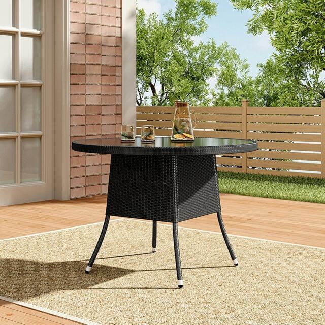 Living and Home Round Outdoor Wicker Table with Parasol Hole, Black, 105cm Dia x 73cm H Black